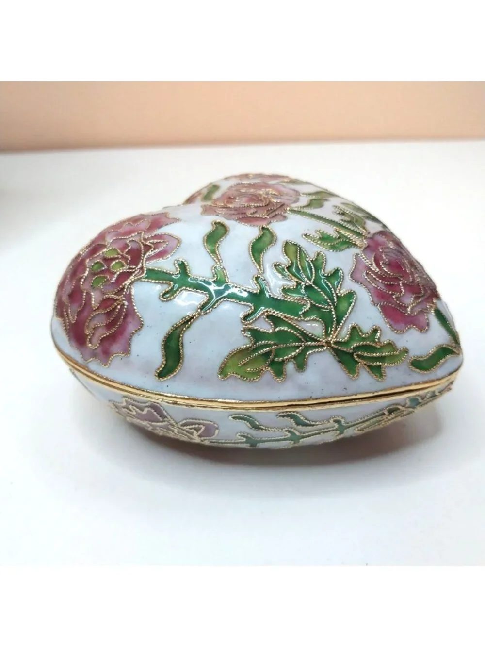 Vintage Heart-Shaped Cloisonné Enamel Trinket Box With Original Box Large